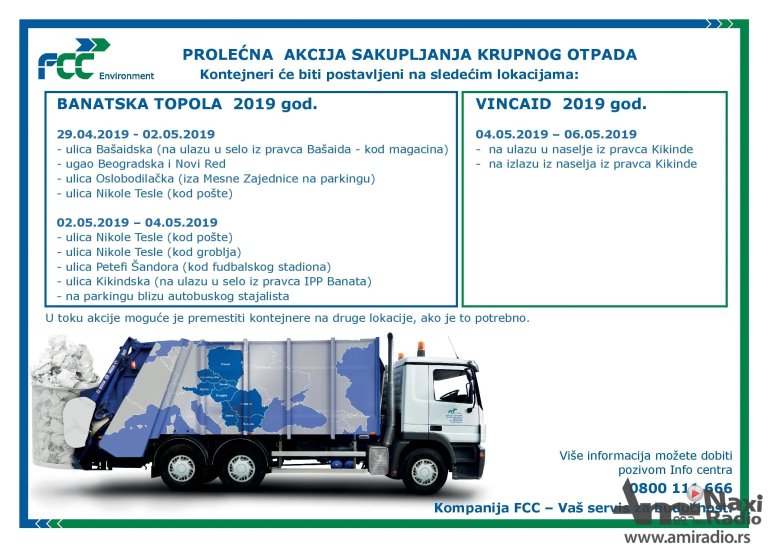 Kontejneri za kabasti otpad od 29. aprila do 6. maja u Banatskoj Topoli i Vincaidu